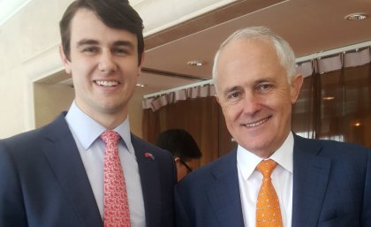 Elliot Johnson with Prime Minister Malcolm Turnbull in China. 