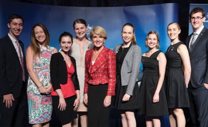 From left, Michael Lucas; UQ Global Engagement Deputy Director Dr Jessica Gallagher, Caitlin Gordon-King, Sophie Ryan, Foreign Affairs Minister Julie Bishop, Kate Goodfruit, Rachel Dodds, Elsie Schuster and Alexander Williams