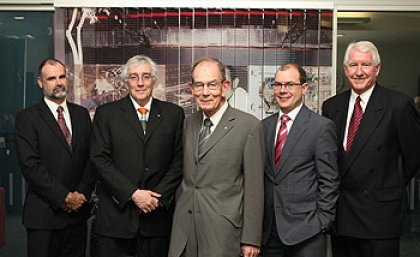 Professor Chris Moran, Vice-Chancellor Professor Paul Greenfield, Emeritus Professor Alban Lynch, Treasurer Andrew Fraser and Dr Geoff Gault at the opening