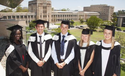 UQ Young Achiever graduates Sarah Oyet, Andrew Luck, Tim Seng, Alisha Vogler and Emily Brown