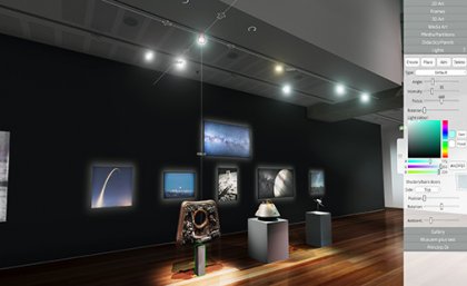 A digital screenshot of a gallery space designed by the Ortelia program