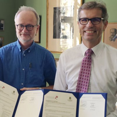 From left, Australian Ambassador to Denmark Damian Miller; Niels Bohr Institute director Professor Robert Krarup Feidenhans'l; UQ Vice-Chancellor Professor Peter Høj