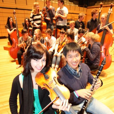 Tess McLennan, Geoffrey Wu, and some of the UQ members of the Queensland Symphony Orchestra.