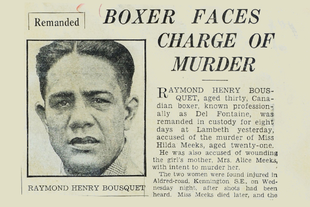 A newspaper clipping of the 1935 case of boxer Del Fontaine, who murdered his girlfriend Hilda Meek.