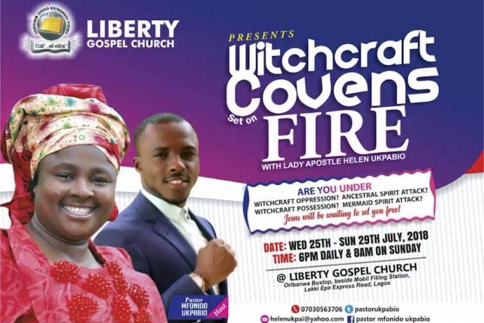 Promotional poster for the Liberty Gospel Church for a Witchcraft, covens set on fire event