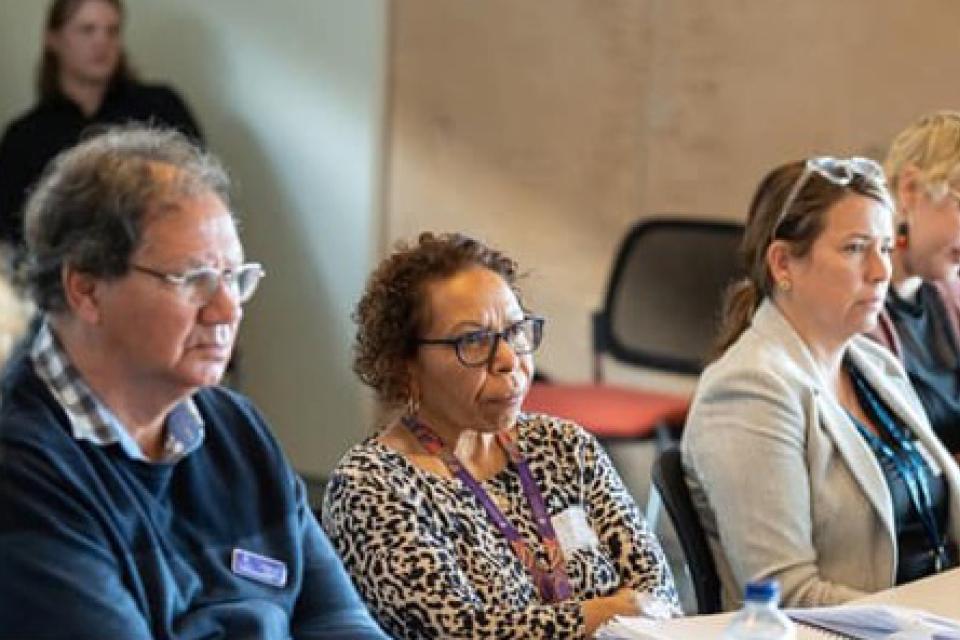 A panel of people sit at a table