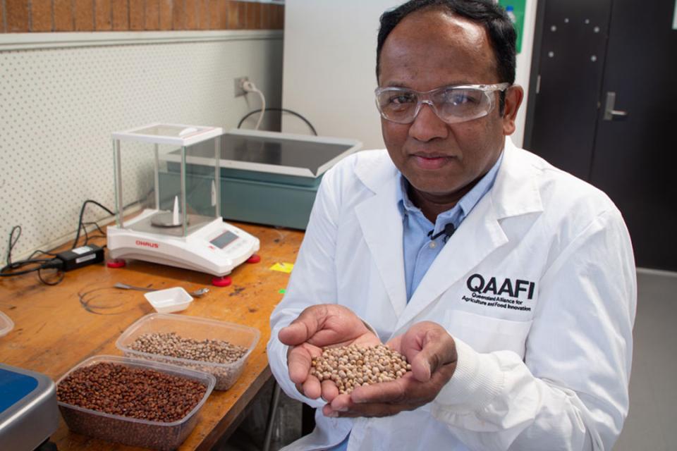 a man in a white lab coat holds a handfull of grey seeds