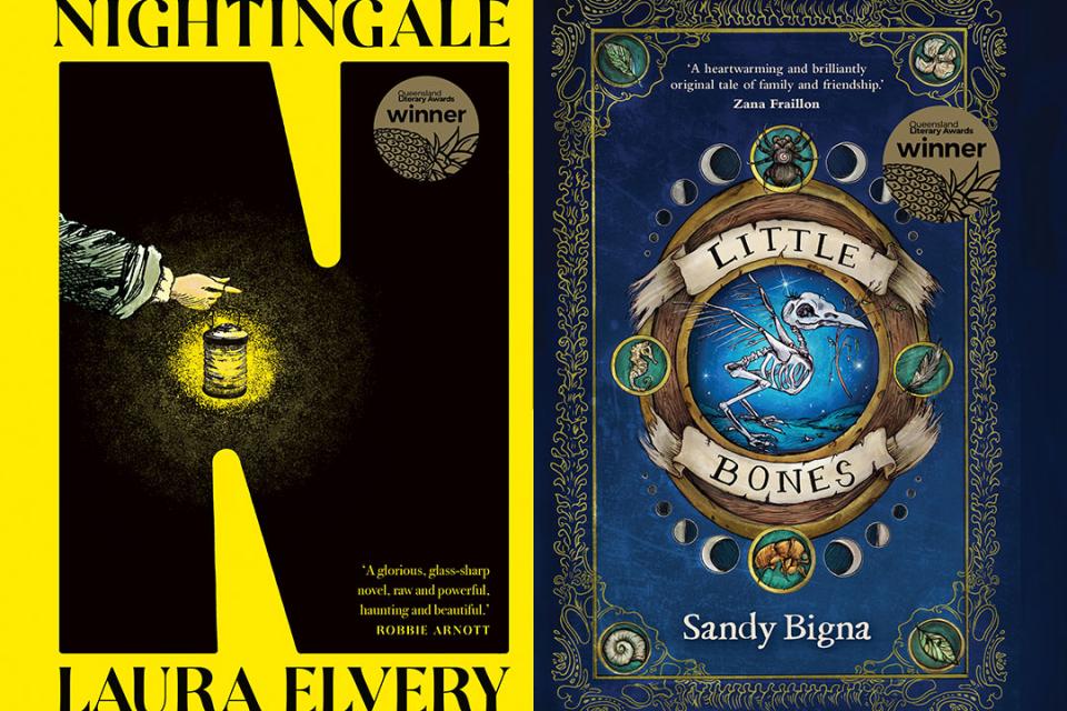 Book covers for Laura Elvery's Nightingale and Sandy Bigna's Little Bones