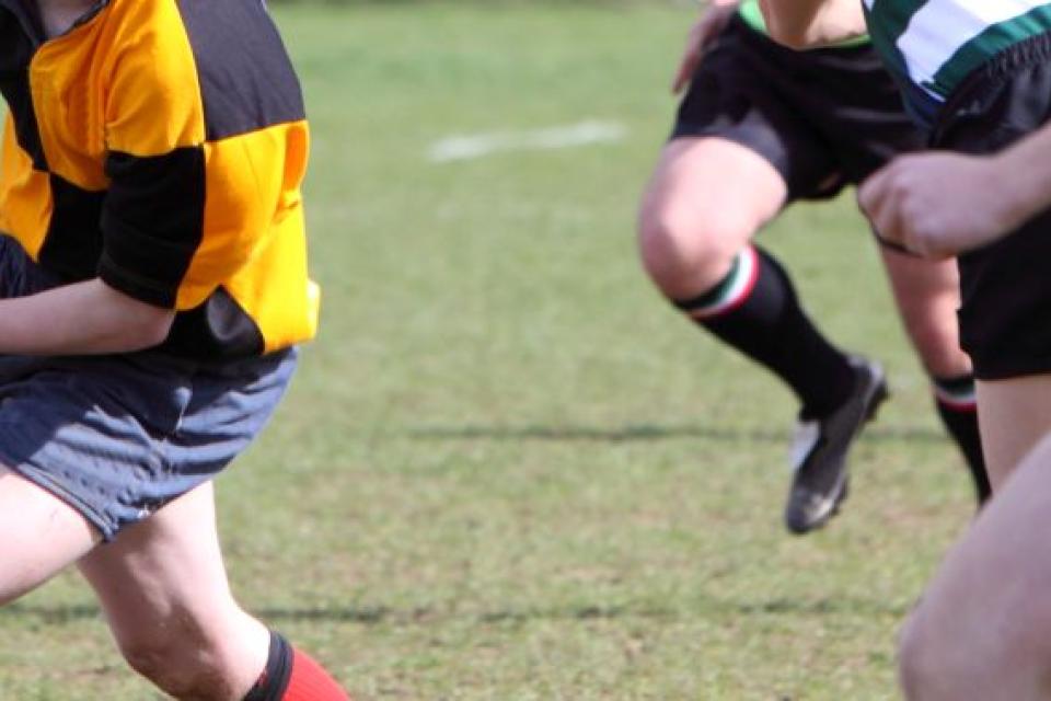 A segmented photo showing boys playing rugby on a grassy field.