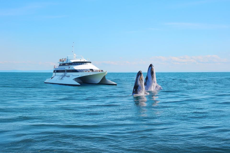 Two whales jumping up out of the water. 