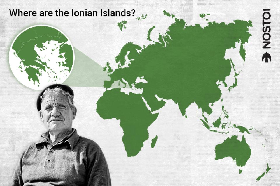 A map showing where the Ionian Islands are in Greece and compared to the rest of the world.