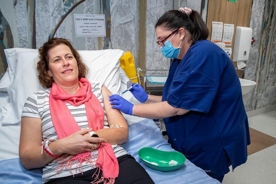 One of the volunteers receives the trial COVID-19 vaccine developed at the The Universoty of Queensland in 2020.