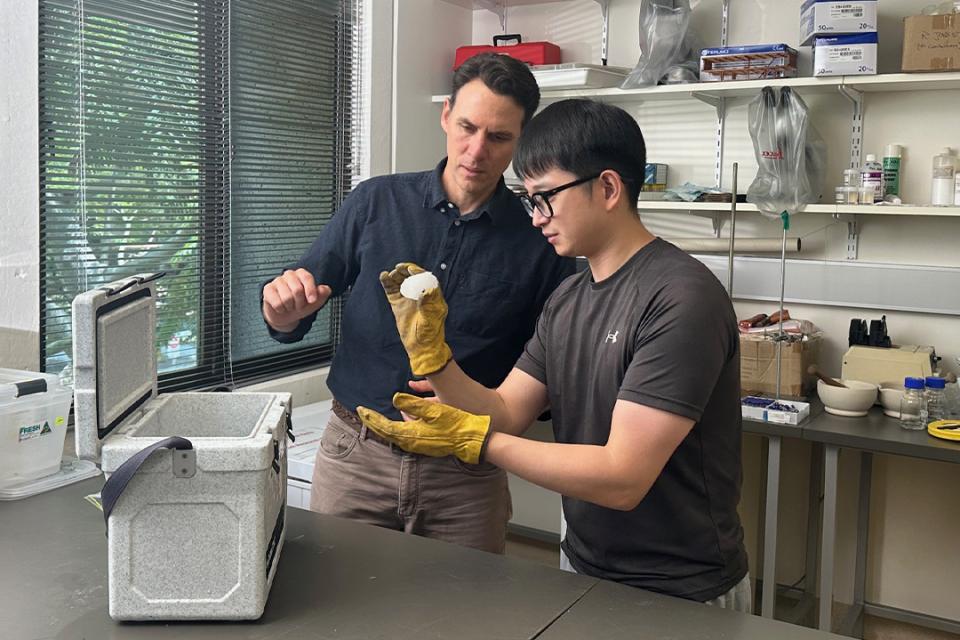 Two men in a lab setting are looking at a hailstone.