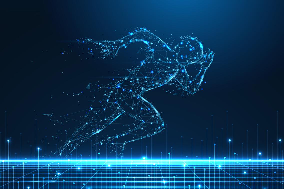 A graphic of a running athlete lit up against a blue background.