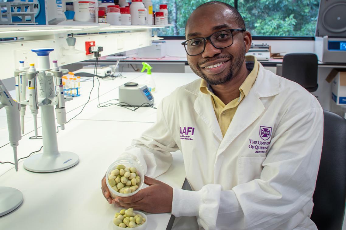 A male scientist in a white coat sits in a lab and show some small yellow fruits.