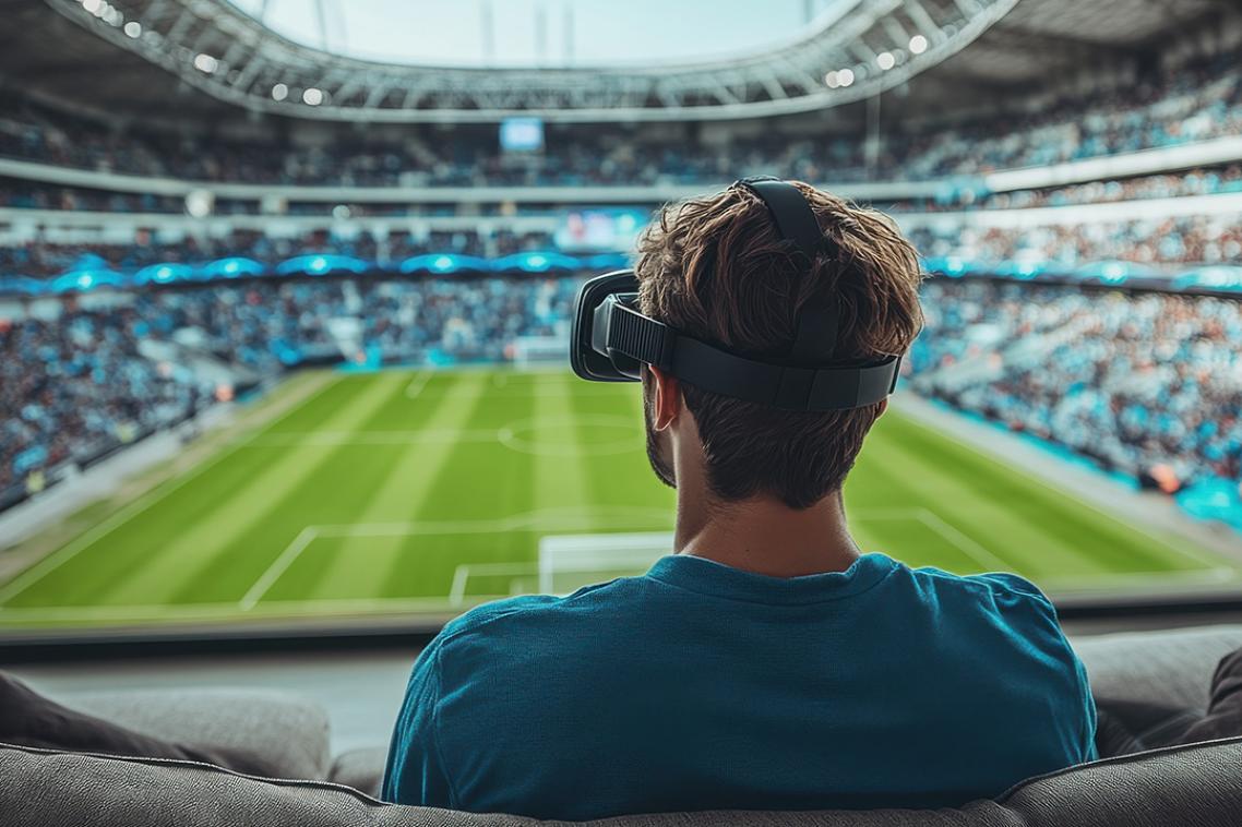 A man wearing a virtual reality headset sits in a stadium suite overlooking a football pitch.