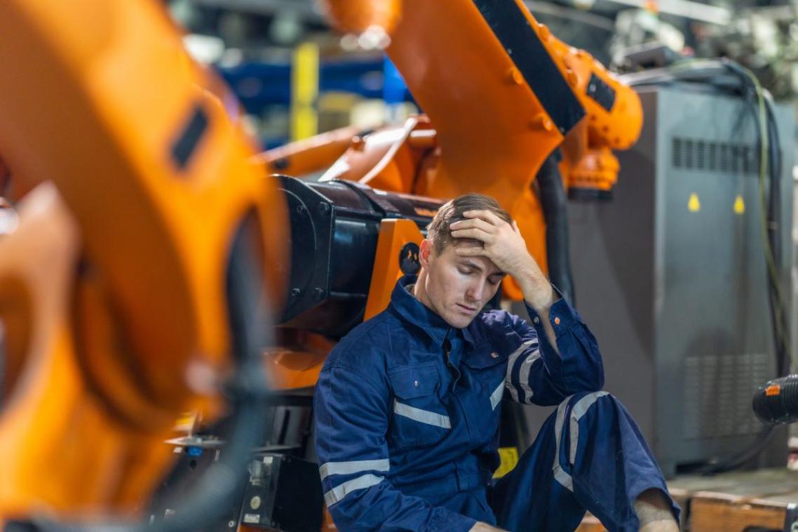 A man leaning against a large machine with his head in his hands