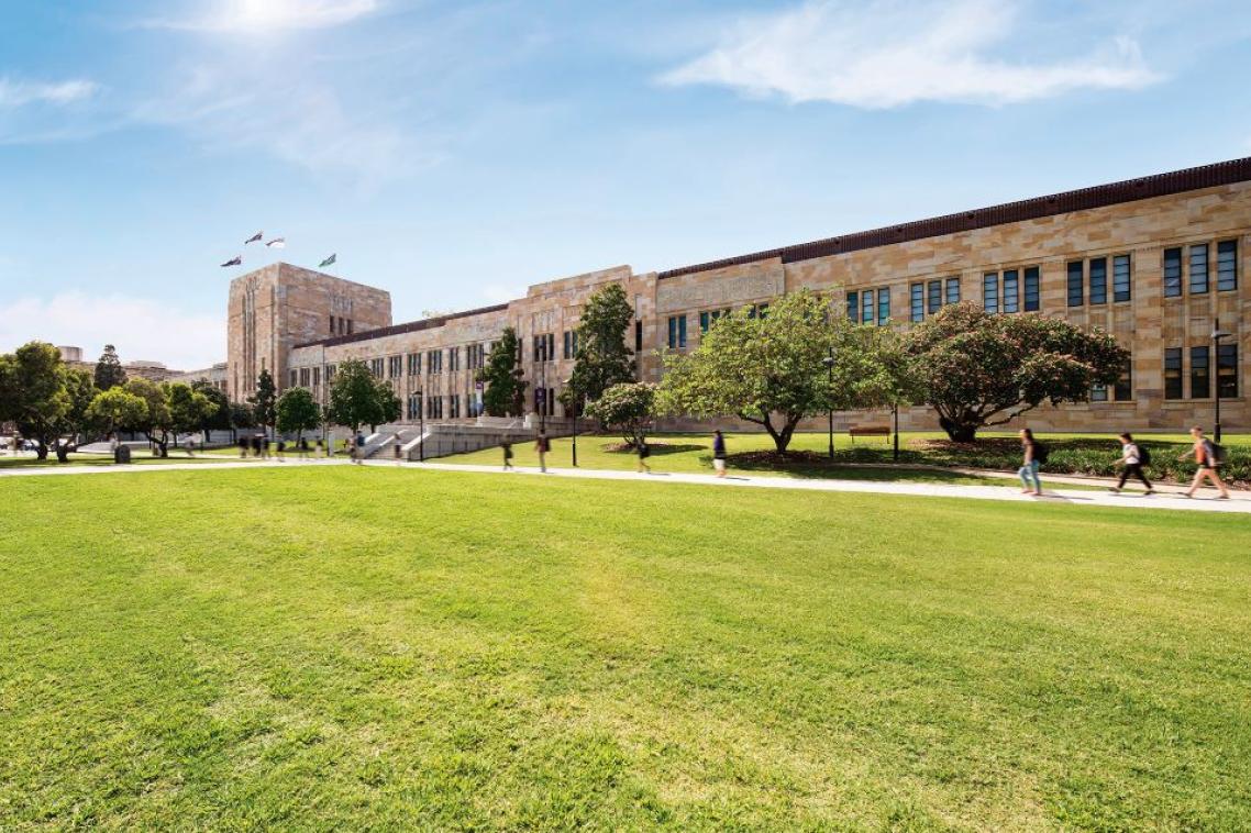 UQ Forgan Smith building with green grass.