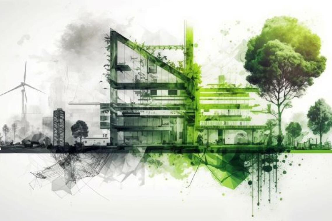 Architectural drawing of building. Adobe.