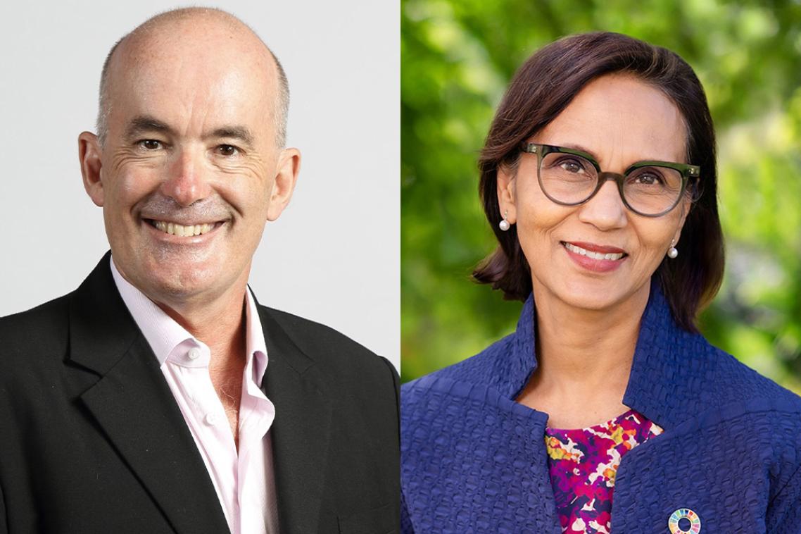 A composite image of two people side by side, a man and woman. 