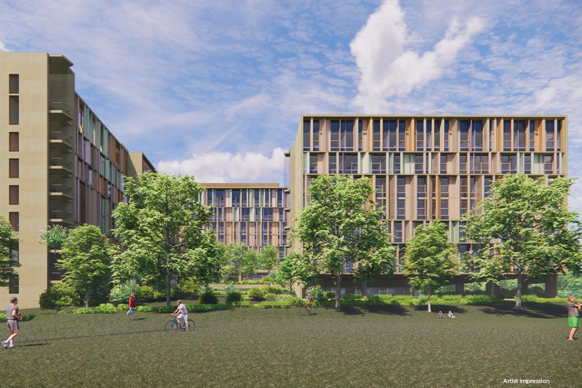 A stylised image of a building with grass in the foreground.