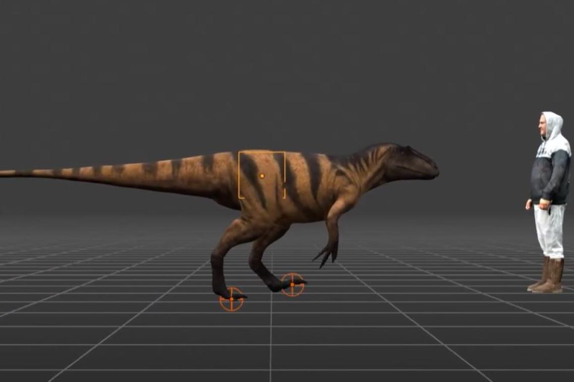 3D mock up of a dinosaur standing next to a human