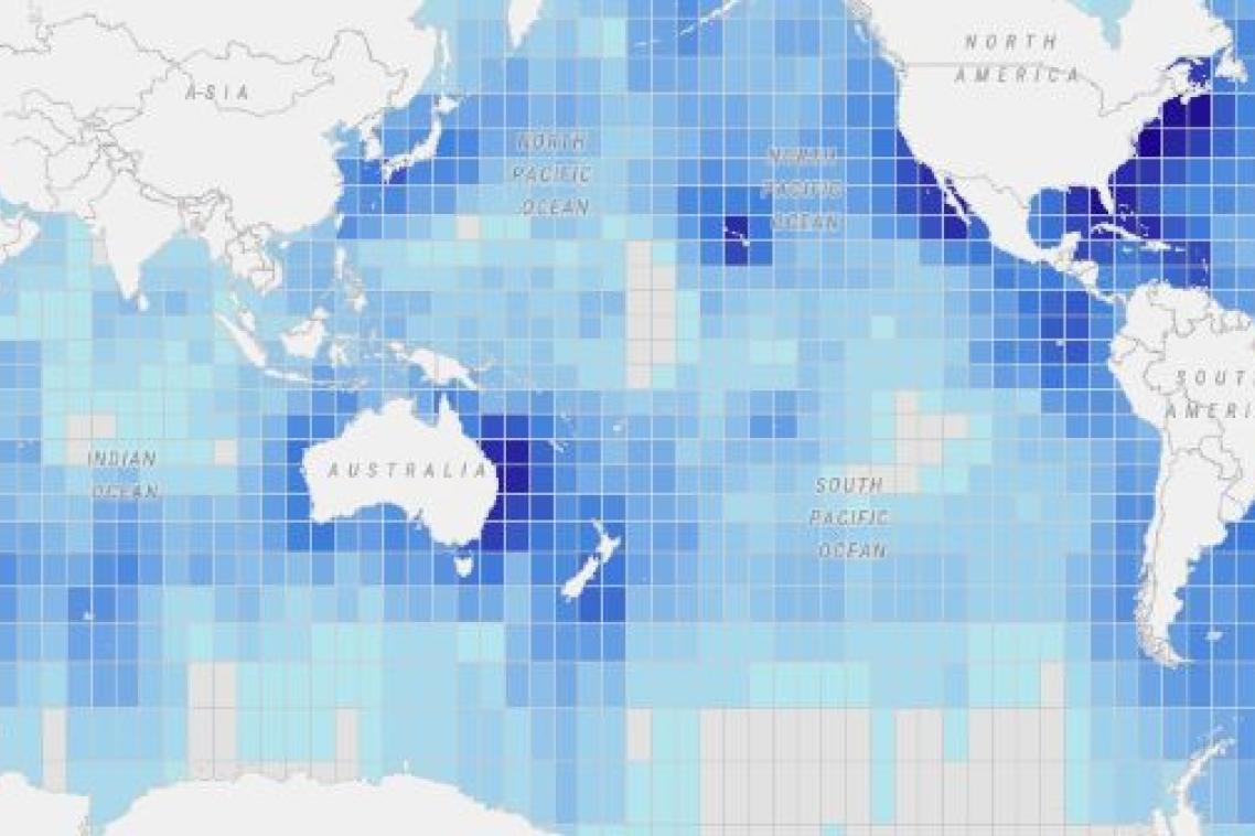 a map of the world with the ocean covered in a grid of blue squares