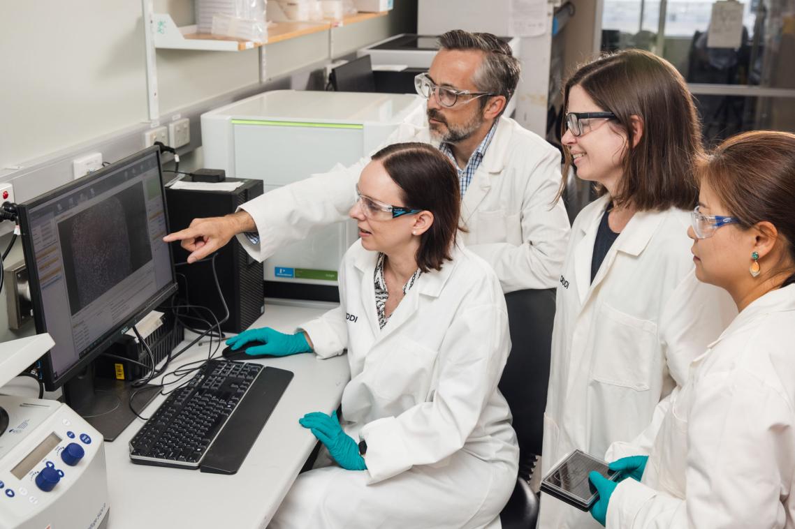QEDDI Drug Discovery Team Leader Dr Kim Beaumont, Head of QEDDI Brian Dymock, and Medicinal Chemistry Team Leader Dr Rebecca Pouwer.