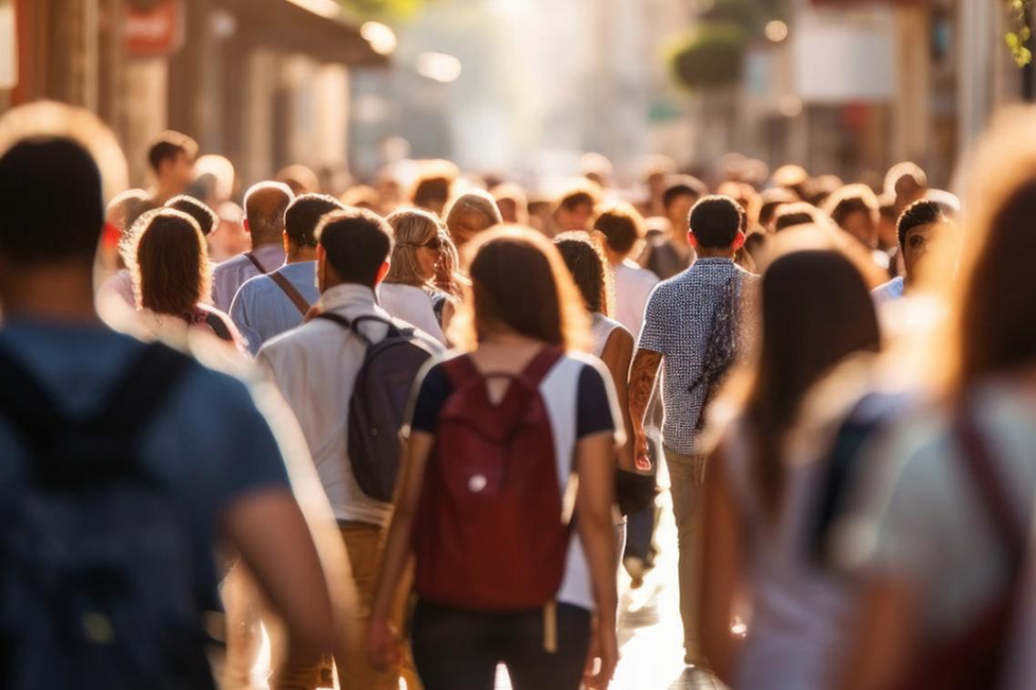 On a busy street, lit by late afternoon sun, all kinds of people go about their business.