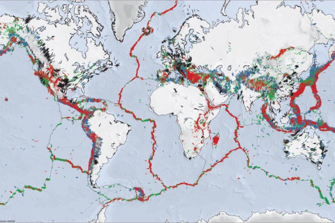 A world map with hundreds of pinpoints across it