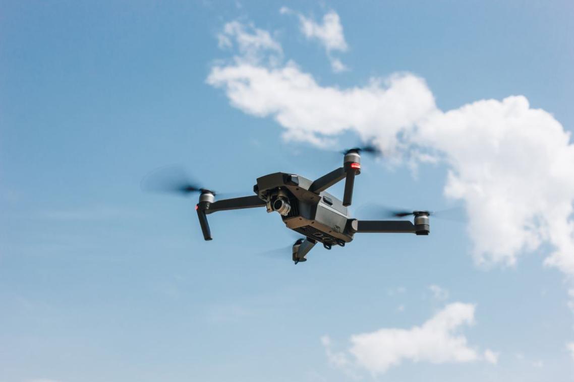 A consumer type drone in flight. 