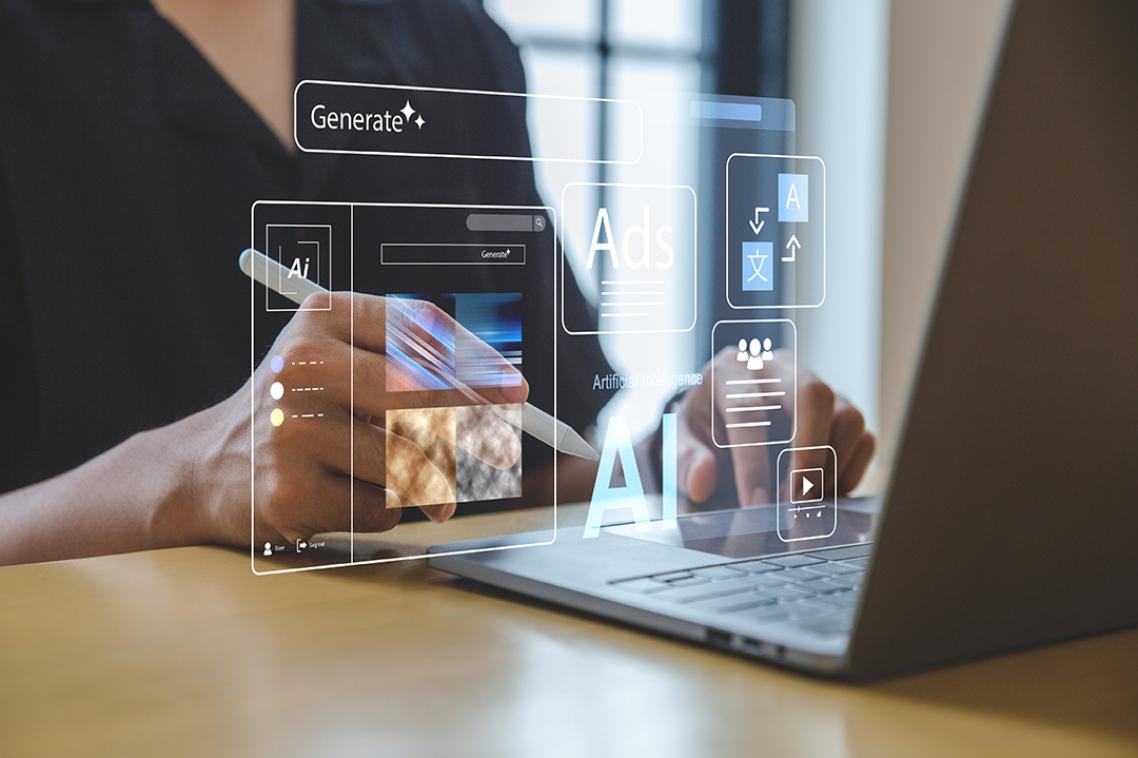 Young man using laptop with Ai assistant. command to create something, Generate images by artificial intelligence. 
