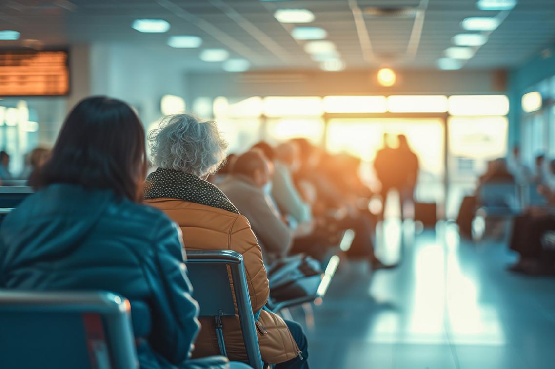 A row of people sit in a waiting room with a wintery glow through the glass doors.