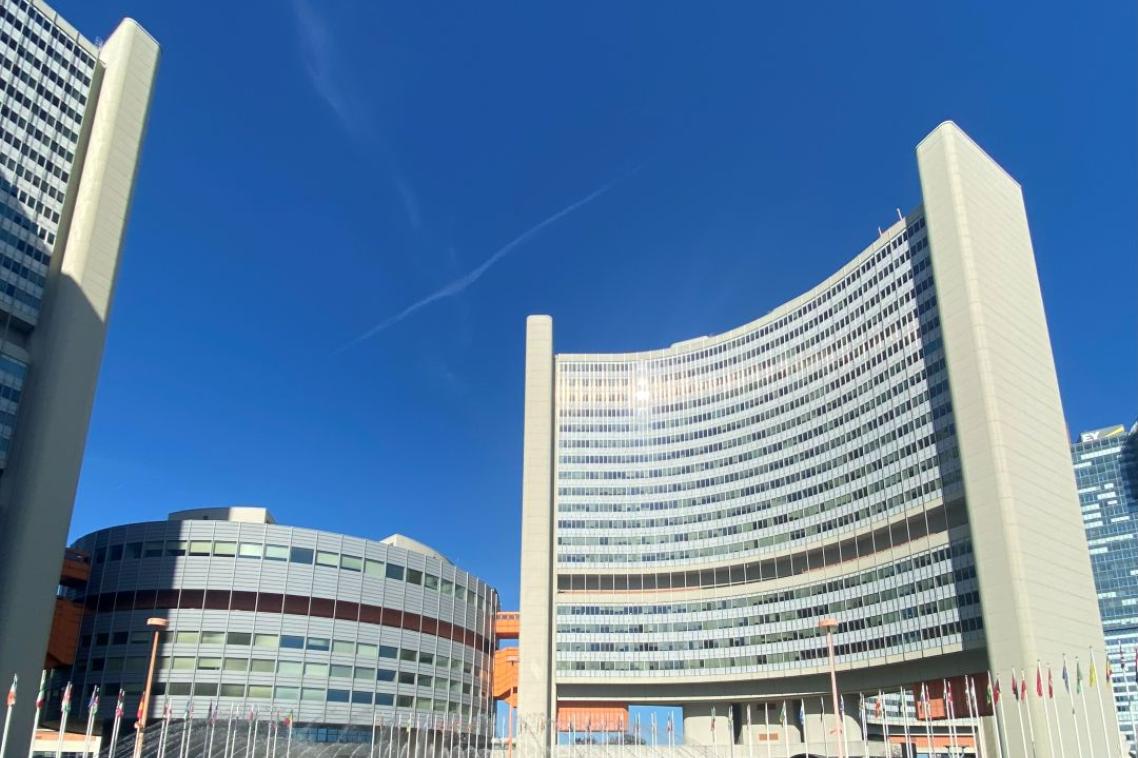 The curved buildings of the United Nations headquarters in Vienna