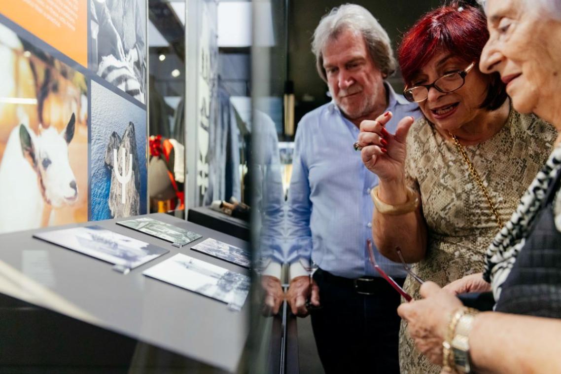 Three people standing at a glass case looking closely at the artefacts inside 