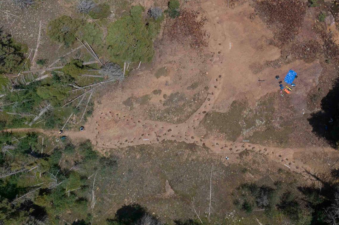 aerial view of trees, a rocky area with a line of dots and a blue tarpaulin on the ground