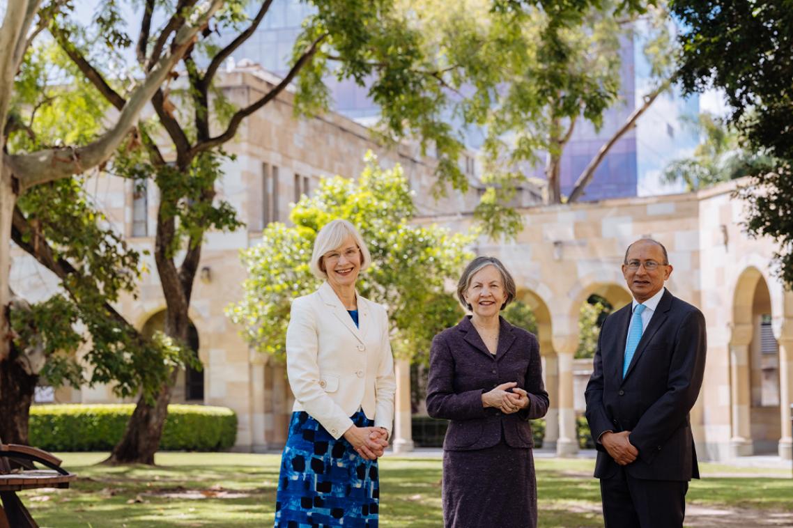 UQ Vice-Chancellor Professor Deborah Terry AC, new UQ Chancellor Emeritus Professor Mary O’Kane AC and outgoing Chancellor Peter Varghese AO.