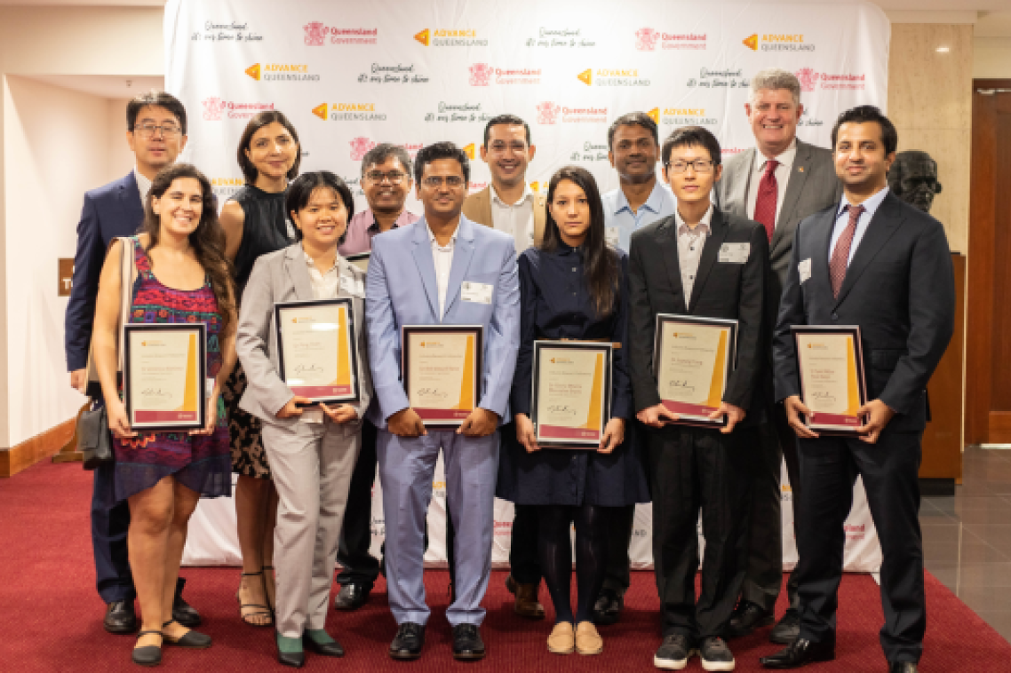 Minister Stirling Hinchliffe with UQ recipients of the Advance Queensland Industry Research Fellowships.