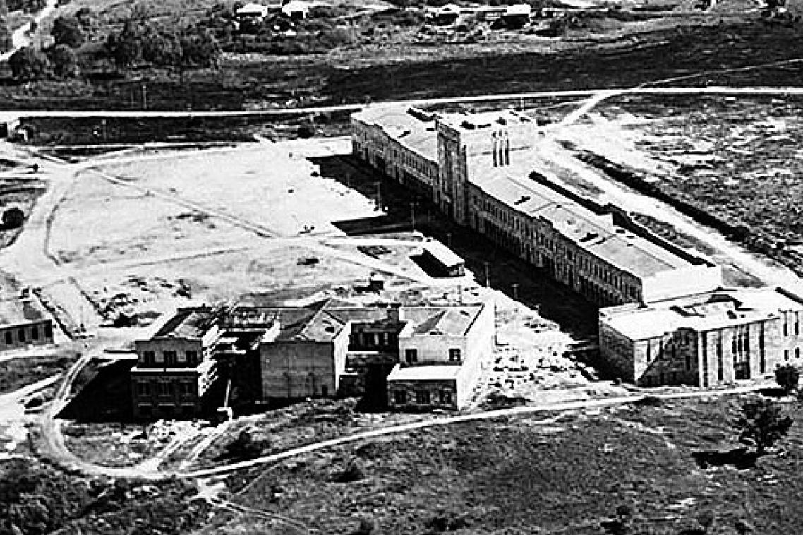 An aerial view of the construction of the Forgan Smith Building in 1946