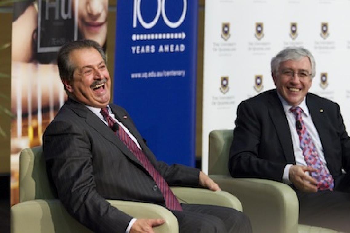 Dow Chair and CEO, Dr Andrew Liveris, and UQ Vice-Chancellor, Professor Paul Greenfield, take questions from the audience at the UQ Centenary Oration.