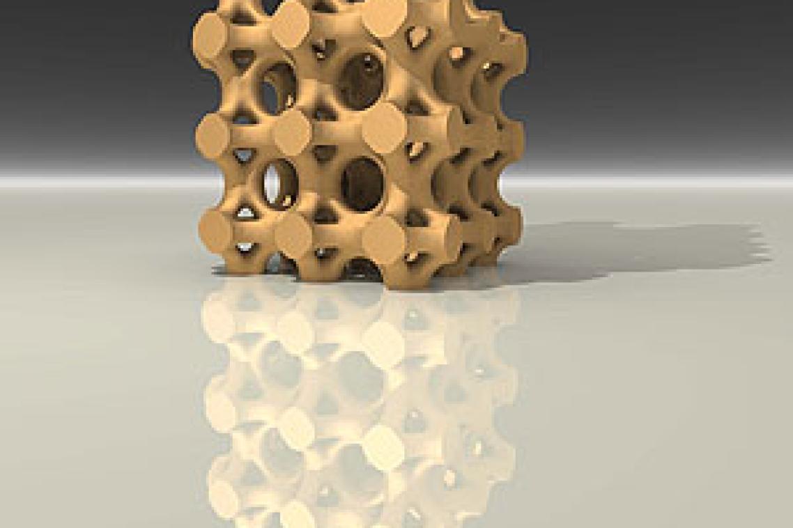 A computationally-generated view of a topology-optimized design for a porous bone implant scaffold. The linking of computational design with precision fabrication has tremendous potential for producing tissue scaffolds with tailored properties � as the current research has shown.
Image: Dr Vivien Challis, School of Mathematics and Physics, The University of Queensland