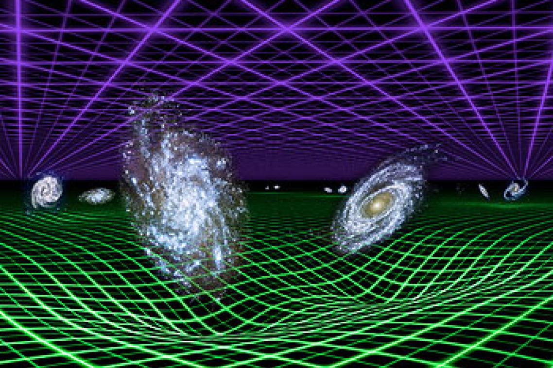 New results from NASA's Galaxy Evolution Explorer and the Anglo-Australian Telescope atop Siding Spring Mountain in Australia confirm that dark energy (represented by purple grid) is a smooth, uniform force that now dominates over the effects of gravity (green grid). Image credit: NASA/JPL-Caltech
