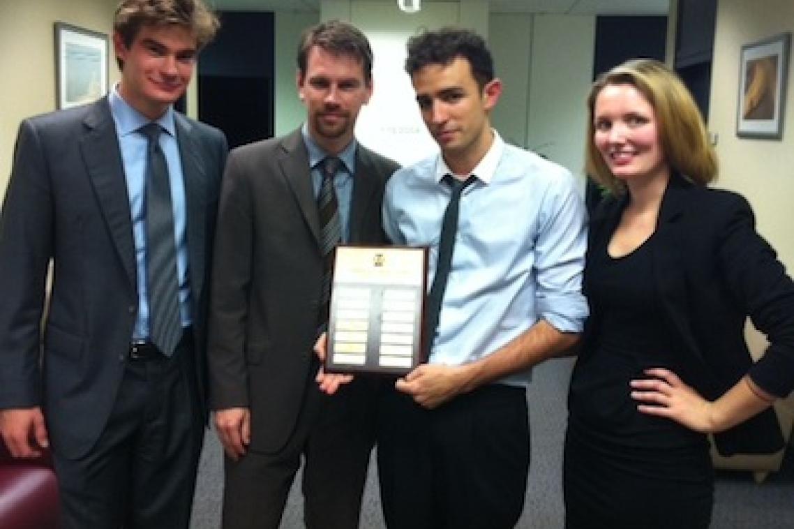 National mooting title holders: from left, Mitchell Beebe, Dr Peter Billings (coach), Abraham O'Neil and Hannah McConnachie.