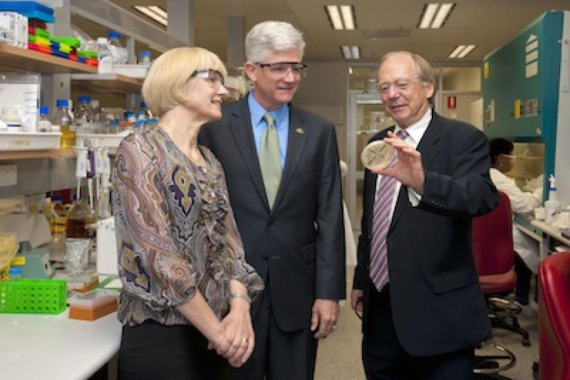 Vice-Chancellor Professor Deborah Terry discussed UQ's suite of biofuels research with the US Navy's Director for Operational Energy, Chris Tindal, and the AIBN director, Professor Peter Gray (right).