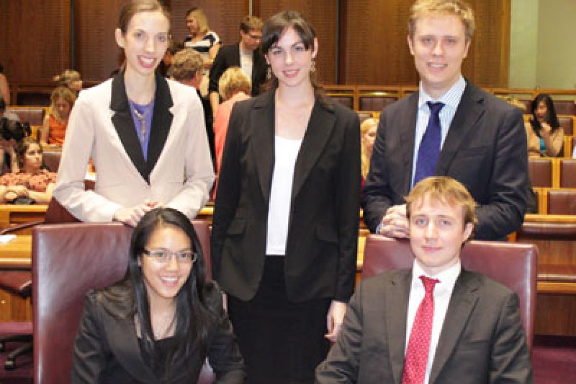 The UQ Jessup Moot Team, from left to right, back row: Courtney Coyne; Annabel Baker; Jules Moxon. Front row: Whitny Kapa; Thomas Galloway.