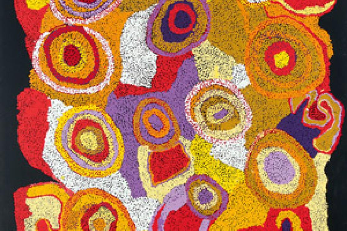 Wawiriya Burton(Australia, 1928) Pitjantjatjara people, South Australia
'Ngayuku ngura - My country' 2009, Amata, South Australia
Synthetic polymer paint on linen
152 x 122 cm
d’Auvergne Boxall Bequest Fund 2009, Art Gallery of South Australia, Adelaide
© Wawiriya Burton, Courtesy of Tjala Arts