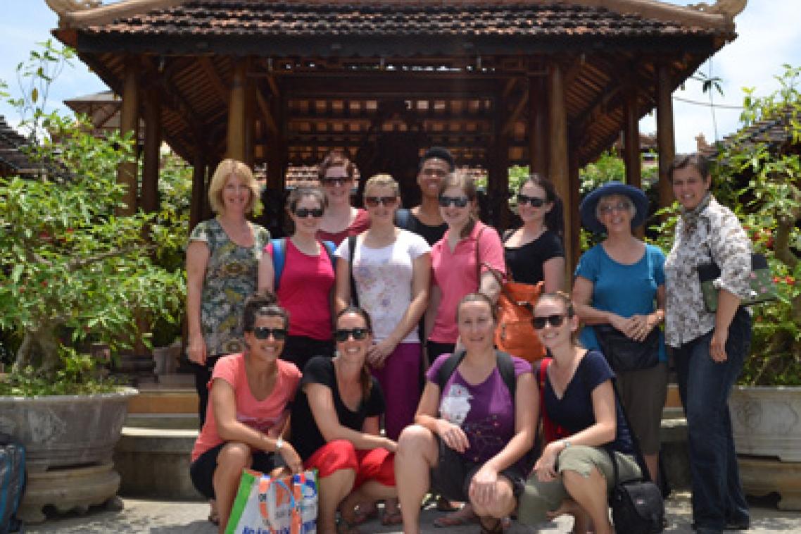 Students Lauren Isherwood, Audric Co, Jacqueline Sale, Tamara Nganeko, Lucy Simpson, Emily Missenden, Jane Sandstrom, Amy Dunning, Laurelie Wall, Lisa Edwards with clinical educators Teresa Quinlan and Gail Woodyat, and Kirsten, a German disability support teacher working in one of the orphanages.