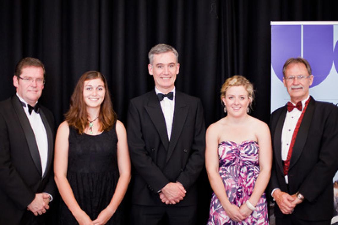 The Hon John McVeigh, Ms Eryn Wrigley, Professor Stephen Walker, Ms Hannah Avery and Professor Ray Collins at a black tie dinner for 20th anniversary celebrations of UQ's Agribusiness and Rural Management program.