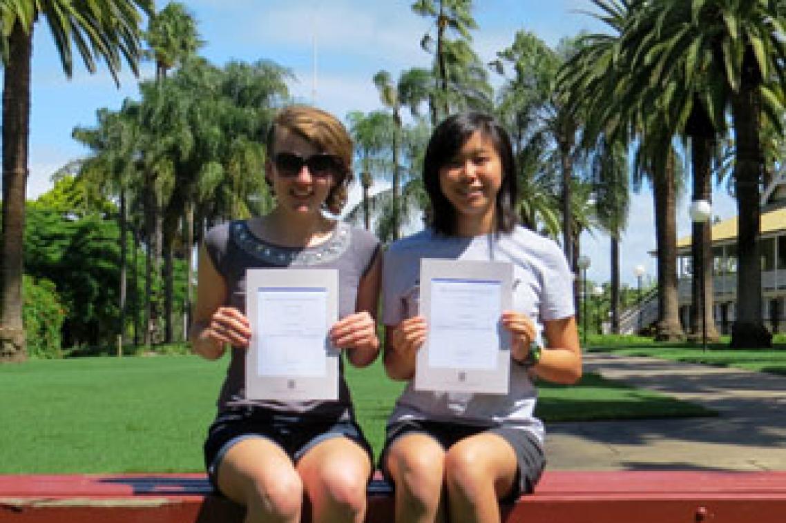UQ Science International Scholarship recipients Alice Jackson and Joyce Hung at the Gatton campus