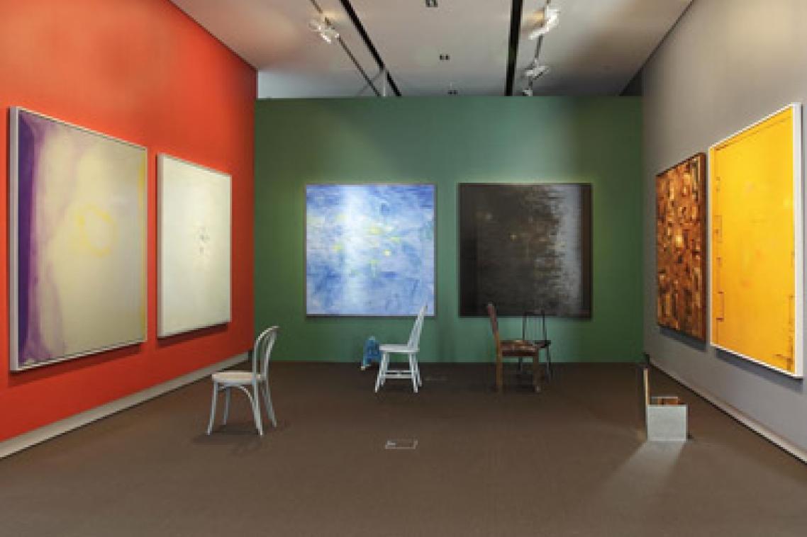 Winner of The University of Queensland National Artists' Self-Portrait Prize 2011 
Domenico de Clario
‘2047 (the immortal)’ 2011 
installation: mixed media on canvas (six panels) and found chairs
Collection of The University of Queensland. Winner of 'The University of Queensland National Artists' Self-Portrait Prize 2011'.
Photo: Carl Warner
Reproduced courtesy of the artist and John Buckley Gallery, Melbourne